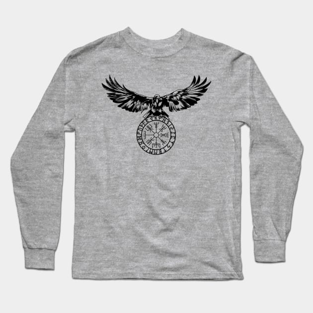 Raven with Futhark and Vegvisir Long Sleeve T-Shirt by Modern Medieval Design